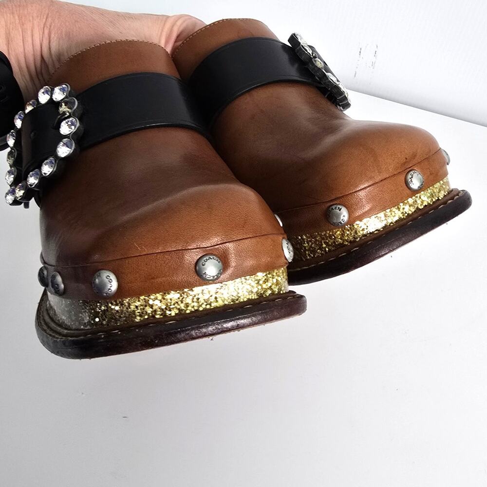 Coach Clog Slide Glitter Heel Brown Leather Shearling Insole Swarovski Crystal 7 - Picture 10 of 13